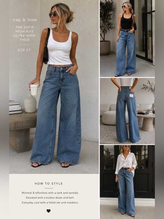 rag & bone Denim - Rag & Bone The Sofie High Rise Ultra Wide Leg Jeans Theo NWT Size 27 $288